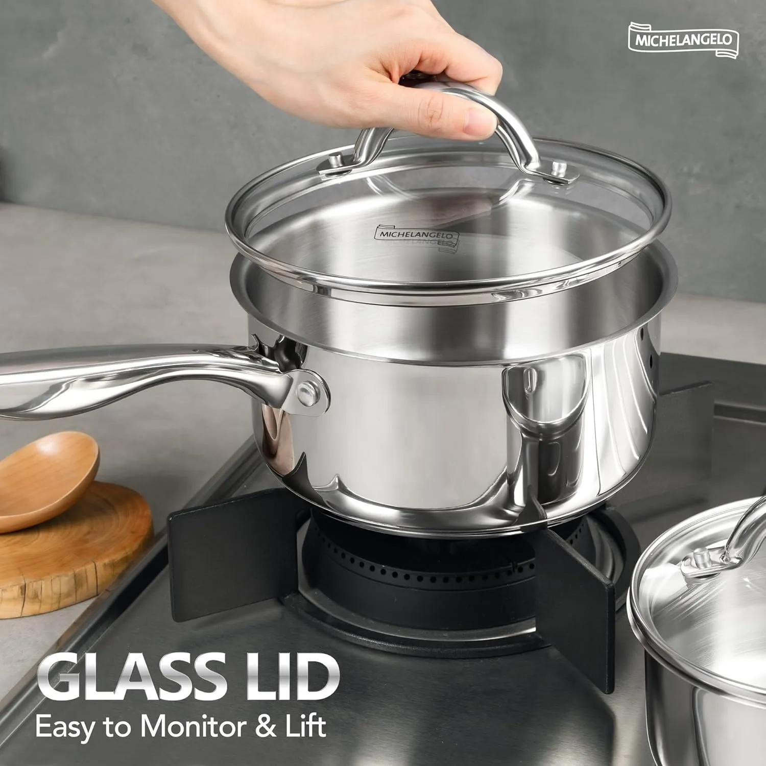 MICHELANGELO Saucepan Set 6pc, 18/10 Stainless Steel Sauce Pan with Lid, Tri-Ply Bottom Sauce Pot Set, Nonstick Saucepan, Induction Compatible, 1QT & 2QT &3QT