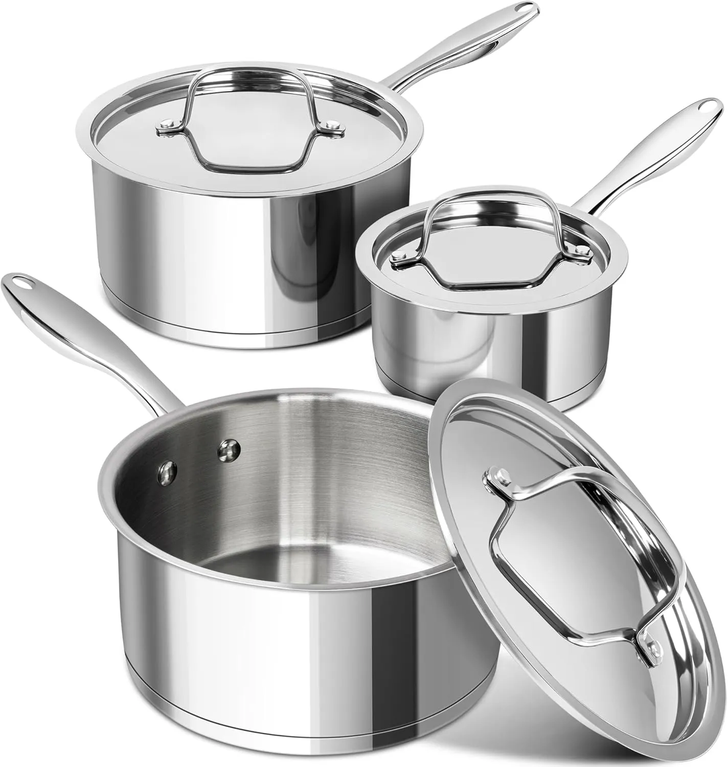 MICHELANGELO Stainless Steel Saucepan Set with Stainless Lids, Tri-Ply Bottom Sauce Pan with Lid, Sauce Pot Set 1QT & 2QT &3QT, Nonstick Saucepan, Dishwasher Safe