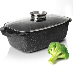 Moss & Stone Die Cast Aluminum Oval Roaster Pot 12-Inch, Induction Compatible, Gas Stove Top & Ceramic Cooktop, Hard Anodized Nonstick Roasting Pan With Lid, Chicken Roaster Oven Safe 6 Quart 8.3"x12"