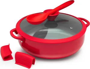 Nativo Nonstick Nontoxic Ceramic Caldero Dutch Oven with Glass Lid, Spoon Rest, Silicone Handle Protectors and Silicone Spatula (RED, 5 QT)