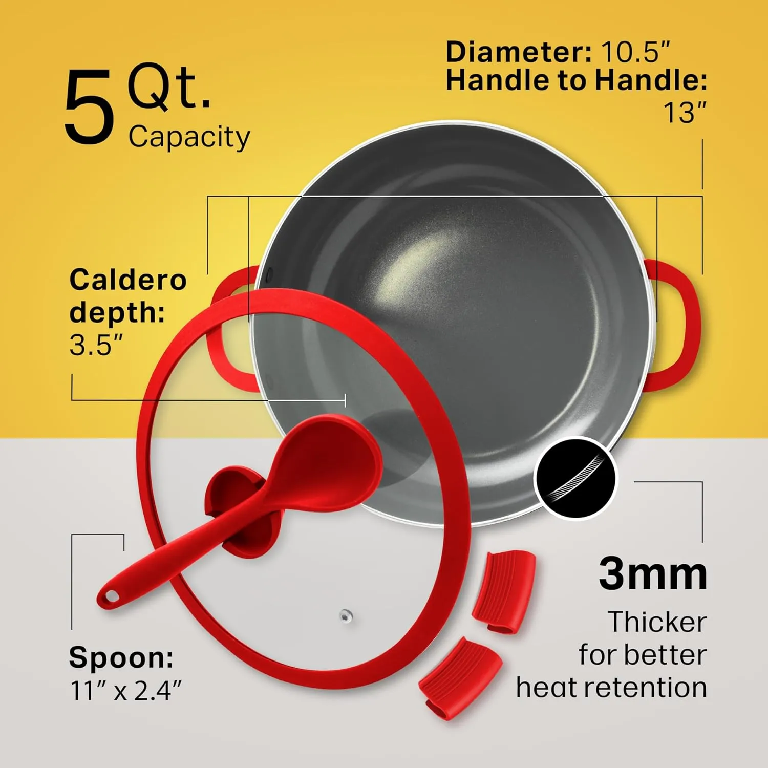 Nativo Nonstick Nontoxic Ceramic Caldero Dutch Oven with Glass Lid, Spoon Rest, Silicone Handle Protectors and Silicone Spatula (RED, 5 QT)