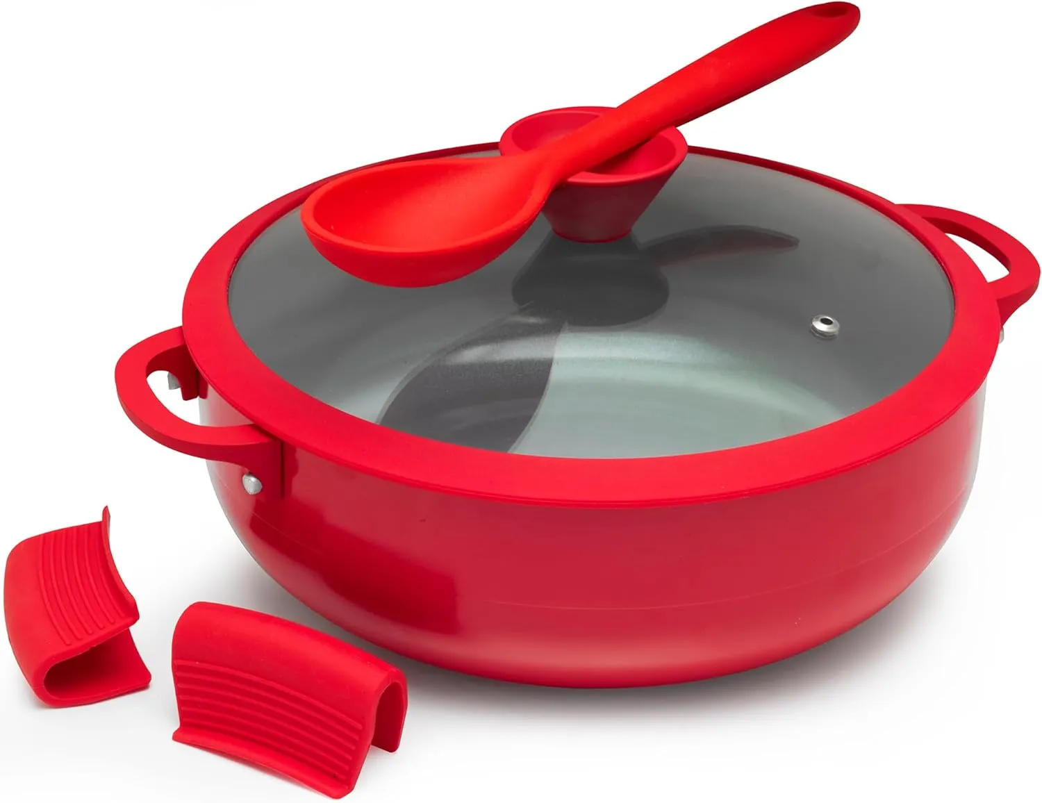 Nativo Nonstick Nontoxic Ceramic Caldero Dutch Oven with Glass Lid, Spoon Rest, Silicone Handle Protectors and Silicone Spatula (RED, 5 QT)