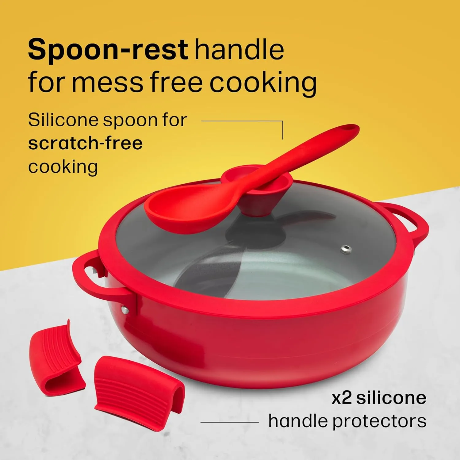 Nativo Nonstick Nontoxic Ceramic Caldero Dutch Oven with Glass Lid, Spoon Rest, Silicone Handle Protectors and Silicone Spatula (RED, 5 QT)