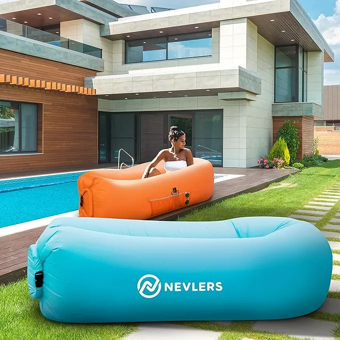 Nevlers 2 Pack Inflatable Loungers Air Sofa Couch | Perfect for Beach Chair Camping Chairs or Portable Hammock |Travel Bag Pouch, Pegs & 3 Pockets| Movie Seating & Camping Accessories Blow Up Lounger