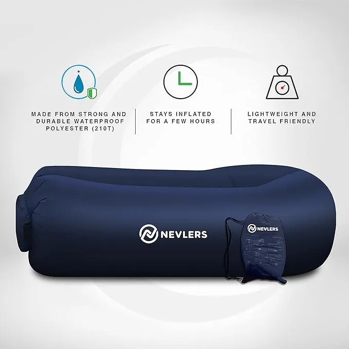 Nevlers 2 Pack Inflatable Loungers Air Sofa Couch | Perfect for Beach Chair Camping Chairs or Portable Hammock |Travel Bag Pouch, Pegs & 3 Pockets| Movie Seating & Camping Accessories Blow Up Lounger