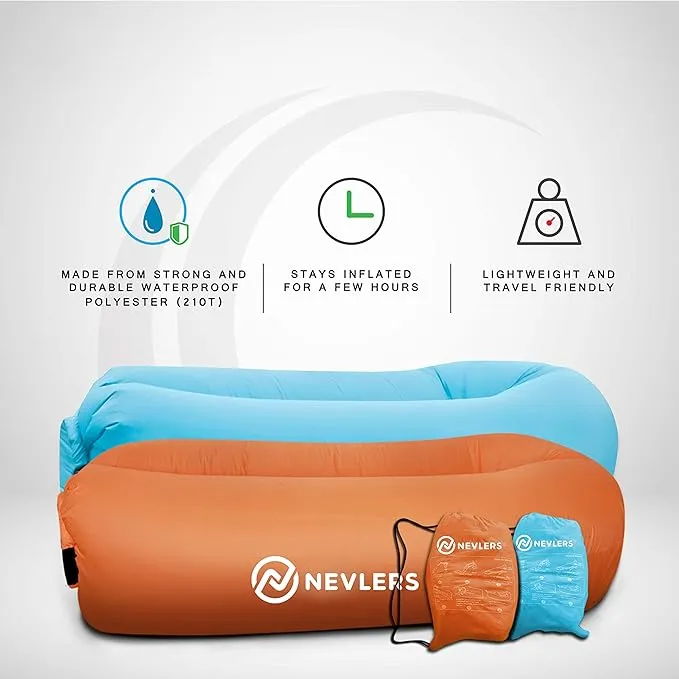 Nevlers 2 Pack Inflatable Loungers Air Sofa Couch | Perfect for Beach Chair Camping Chairs or Portable Hammock |Travel Bag Pouch, Pegs & 3 Pockets| Movie Seating & Camping Accessories Blow Up Lounger