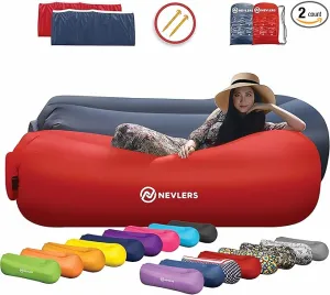 Nevlers 2 Pack Inflatable Loungers Air Sofa Couch | Perfect for Beach Chair Camping Chairs or Portable Hammock |Travel Bag Pouch, Pegs & 3 Pockets| Movie Seating & Camping Accessories Blow Up Lounger