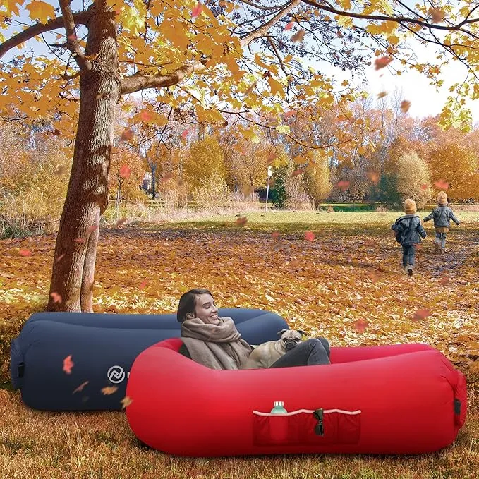 Nevlers 2 Pack Inflatable Loungers Air Sofa Couch | Perfect for Beach Chair Camping Chairs or Portable Hammock |Travel Bag Pouch, Pegs & 3 Pockets| Movie Seating & Camping Accessories Blow Up Lounger