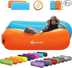 Nevlers 2 Pack Inflatable Loungers Air Sofa Couch | Perfect for Beach Chair Camping Chairs or Portable Hammock |Travel Bag Pouch, Pegs & 3 Pockets| Movie Seating & Camping Accessories Blow Up Lounger