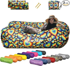 Nevlers 2 Pack Inflatable Loungers Air Sofa Couch | Perfect for Beach Chair Camping Chairs or Portable Hammock |Travel Bag Pouch, Pegs & 3 Pockets| Movie Seating & Camping Accessories Blow Up Lounger