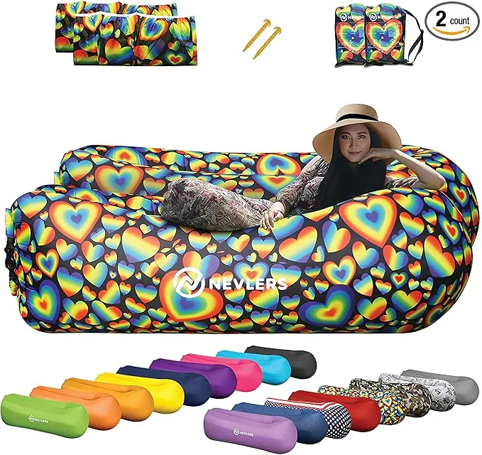 Nevlers 2 Pack Inflatable Loungers Air Sofa Couch | Perfect for Beach Chair Camping Chairs or Portable Hammock |Travel Bag Pouch, Pegs & 3 Pockets| Movie Seating & Camping Accessories Blow Up Lounger