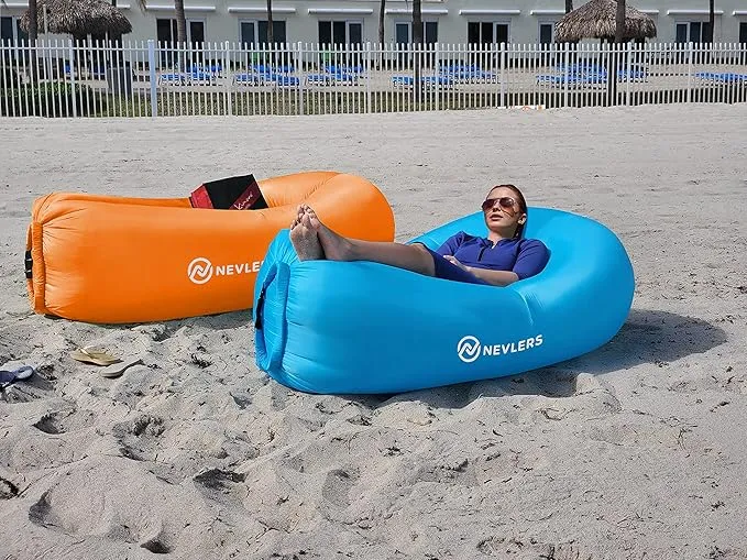 Nevlers 2 Pack Inflatable Loungers Air Sofa Couch | Perfect for Beach Chair Camping Chairs or Portable Hammock |Travel Bag Pouch, Pegs & 3 Pockets| Movie Seating & Camping Accessories Blow Up Lounger
