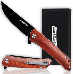 OERLA EDC Folding Pocket Knife 3.9" D2 Steel Blade with Rosewood Handle and Deep Pocket Clip for Men and Women of Outdoor Camping Survival and Hiking Knives