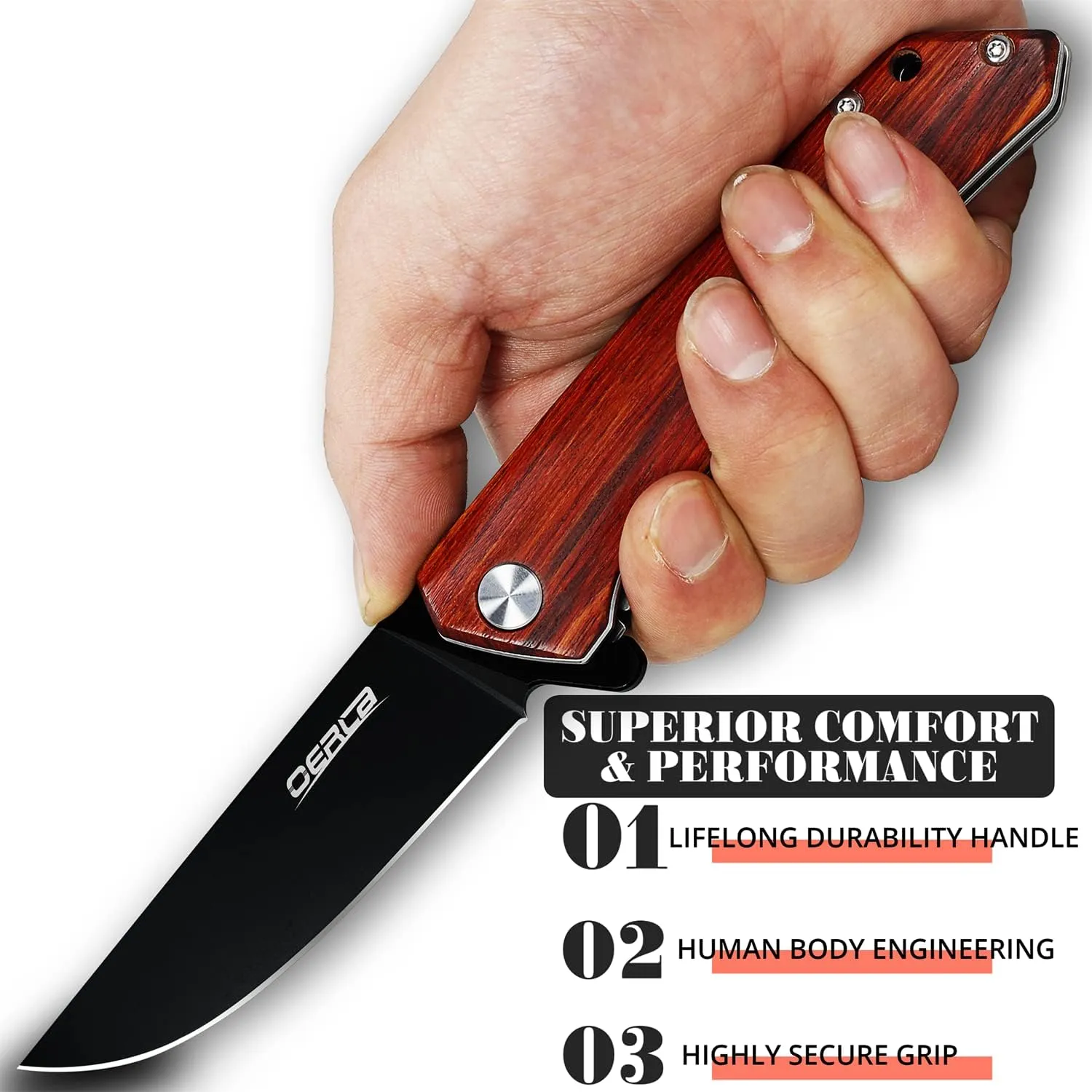 OERLA EDC Folding Pocket Knife 3.9" D2 Steel Blade with Rosewood Handle and Deep Pocket Clip for Men and Women of Outdoor Camping Survival and Hiking Knives