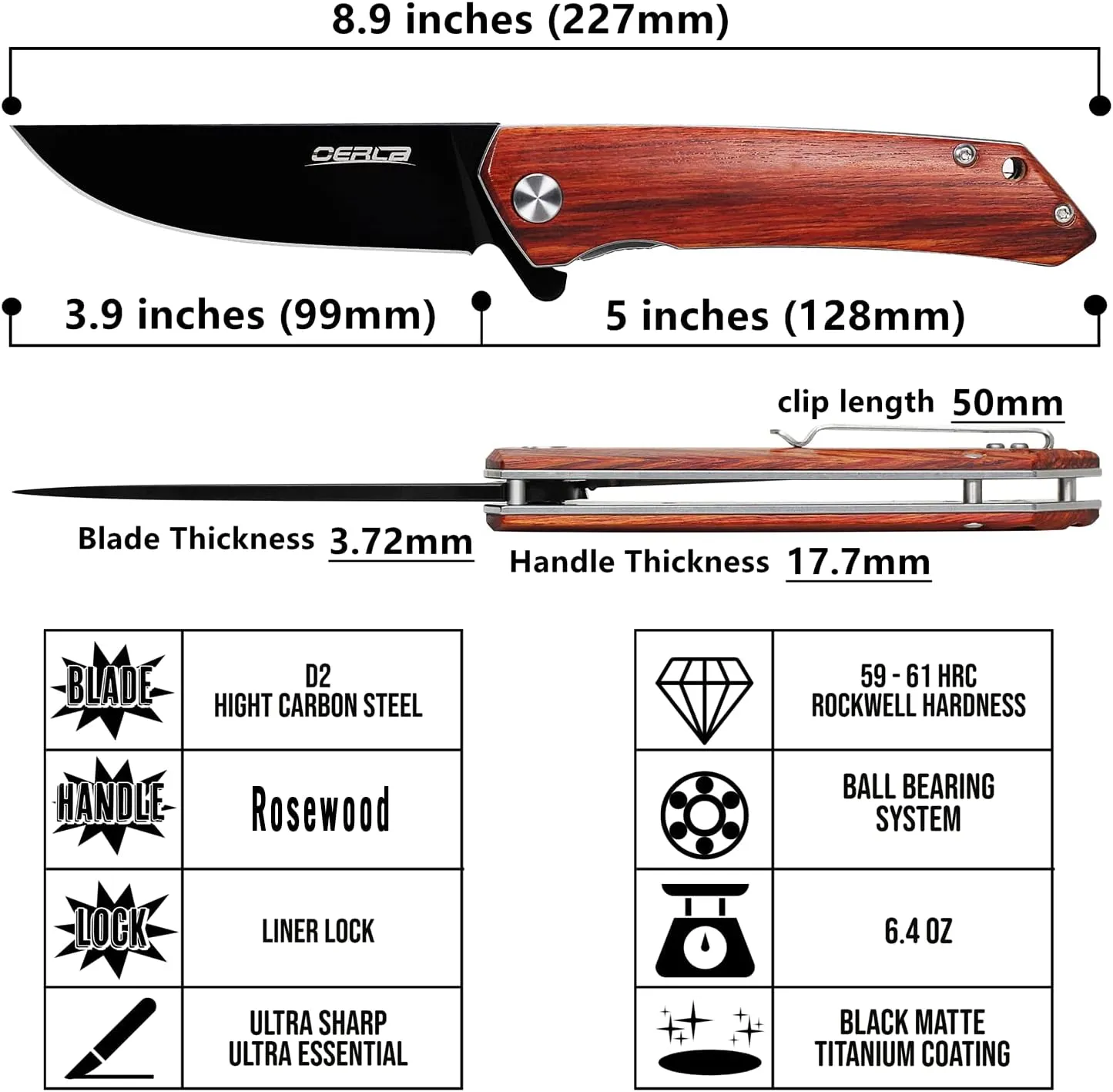 OERLA EDC Folding Pocket Knife 3.9" D2 Steel Blade with Rosewood Handle and Deep Pocket Clip for Men and Women of Outdoor Camping Survival and Hiking Knives