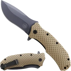 Off-Grid Knives - Rapid Fire Coyote, Large Assisted EDC, Hard Use Construction, Camping and Survival, Cryogenic D2 Blade Steel, Titanium Nitride Coating with G10 Scales, Deep Pocket Carry