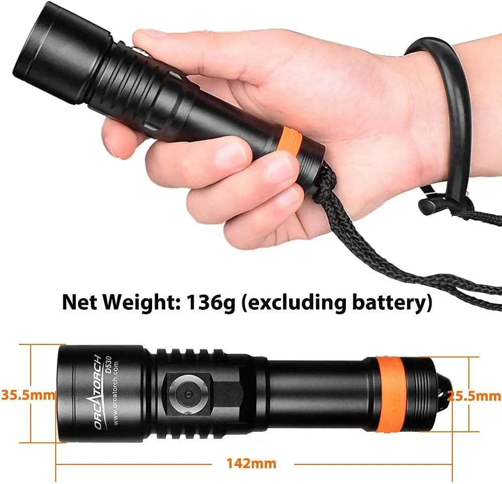 ORCATORCH D530 Scuba Dive Light, 1300 Lumens, 8 Degrees Narrow Beam Angle, Titanium Alloy Side Button Switch, 2 Lighting Modes, with Battery Indicator, for Underwater 150 Meters Diving