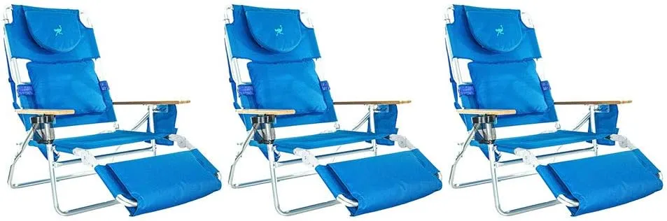 Ostrich Deluxe Padded 3-N-1 Outdoor Lounge Reclining Beach Chair, Blue (3 Pack)