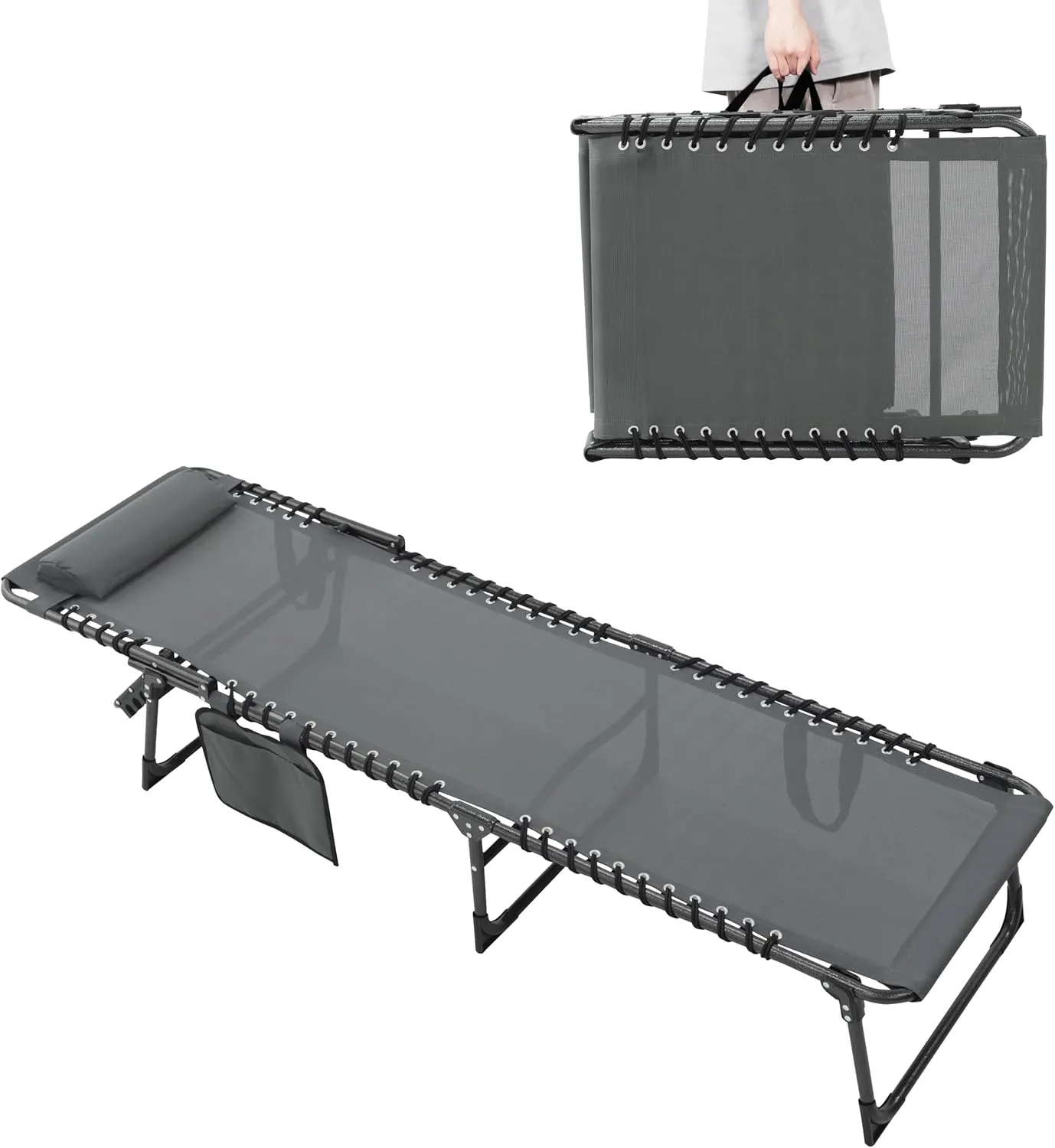 Outdoor Foldable Chaise Lounge Chair with Detachable Pillow & Pocket, Portable Tanning Chair with 5 Position Adjustable Back, Patio, Beach and Pool, Grey