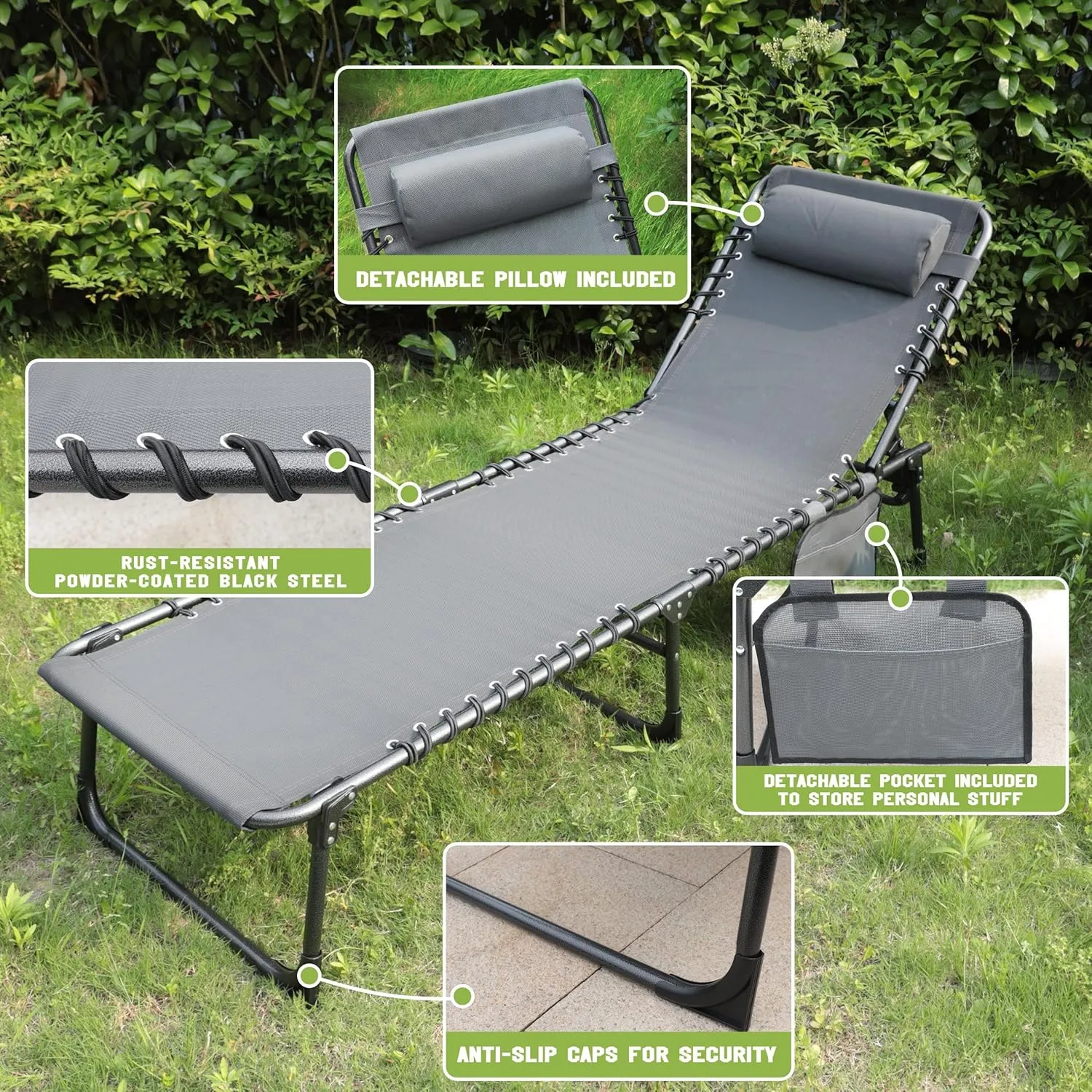 Outdoor Foldable Chaise Lounge Chair with Detachable Pillow & Pocket, Portable Tanning Chair with 5 Position Adjustable Back, Patio, Beach and Pool, Grey