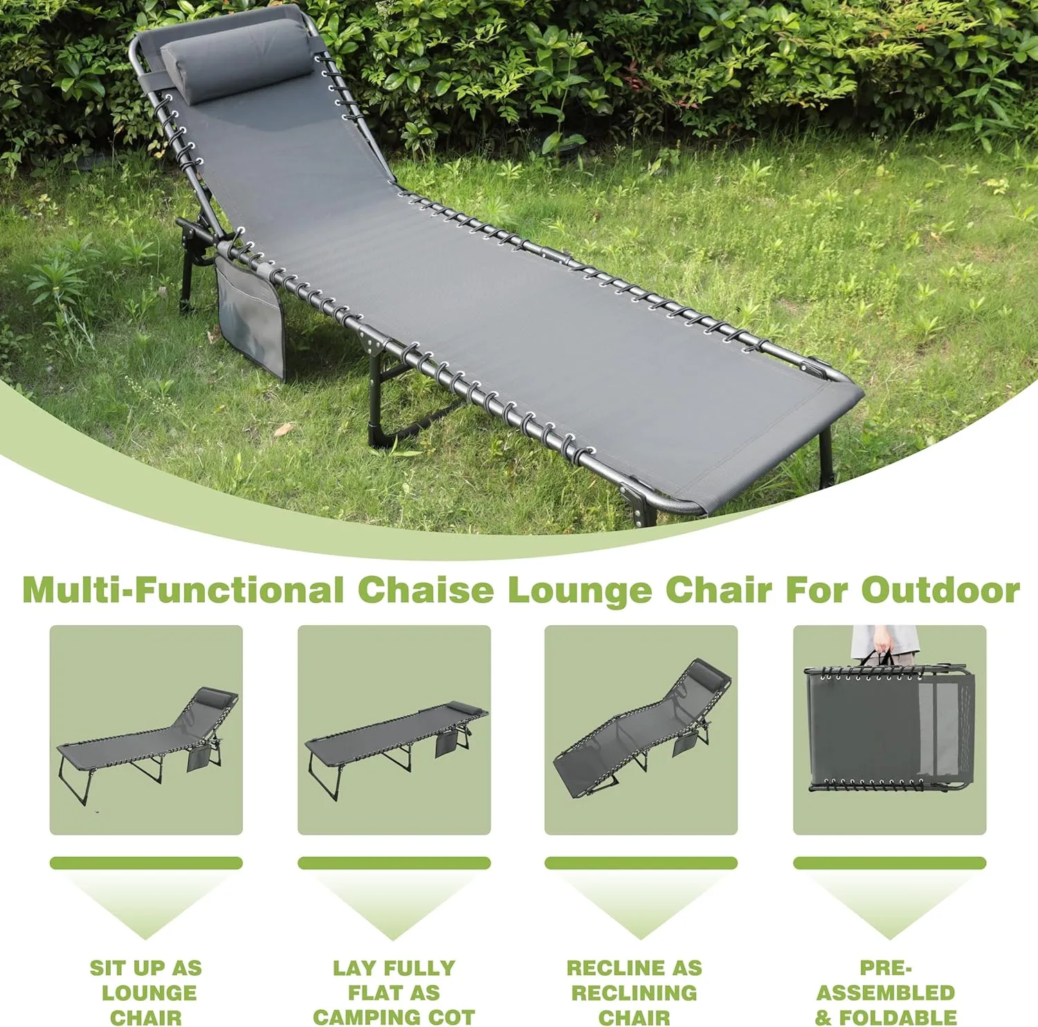 Outdoor Foldable Chaise Lounge Chair with Detachable Pillow & Pocket, Portable Tanning Chair with 5 Position Adjustable Back, Patio, Beach and Pool, Grey