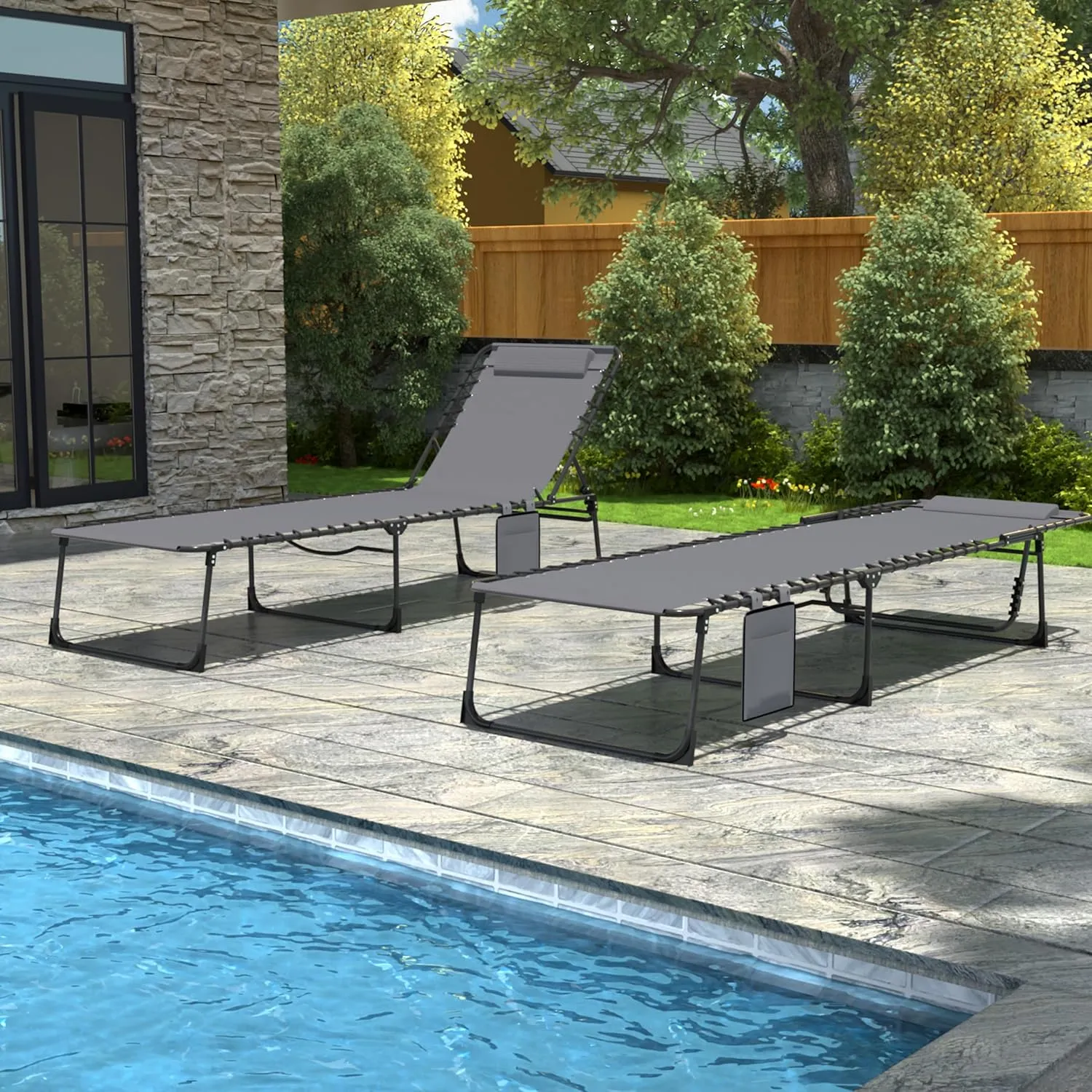 Outdoor Foldable Chaise Lounge Chair with Detachable Pillow & Pocket, Portable Tanning Chair with 5 Position Adjustable Back, Patio, Beach and Pool, Grey