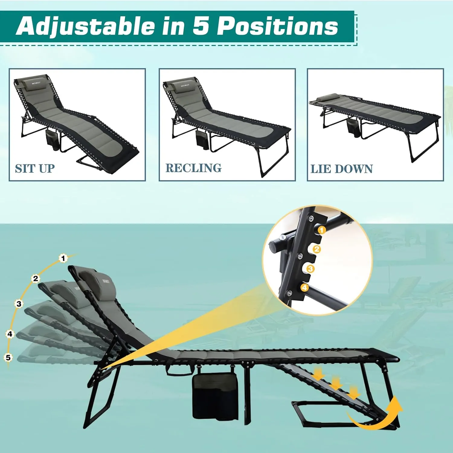 Outdoor Folding Lounge Chair Padded for Adults 330Ibs Patio Chaise Lounge Chair for Outside 5-Position Adjustable Reclining Beach Chair with Pillow Pocket