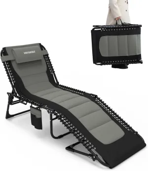 Outdoor Folding Lounge Chair Padded for Adults 330Ibs Patio Chaise Lounge Chair for Outside 5-Position Adjustable Reclining Beach Chair with Pillow Pocket