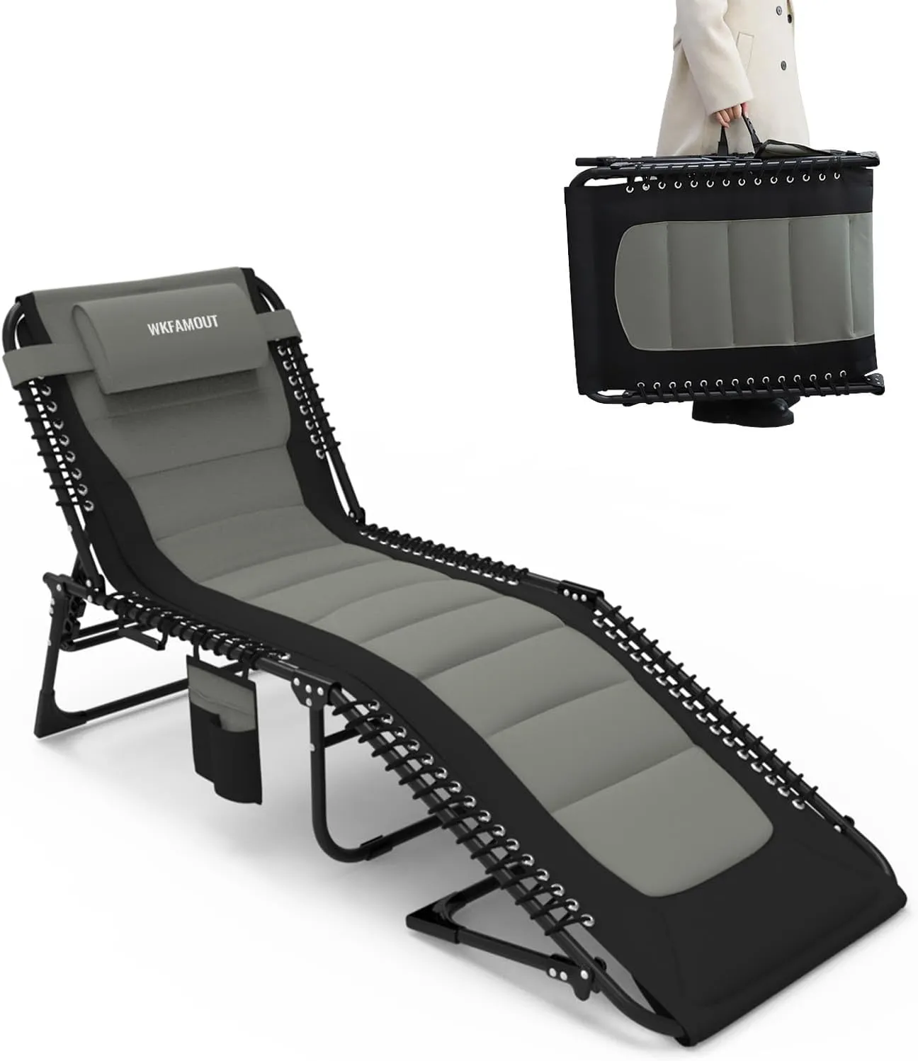 Outdoor Folding Lounge Chair Padded for Adults 330Ibs Patio Chaise Lounge Chair for Outside 5-Position Adjustable Reclining Beach Chair with Pillow Pocket