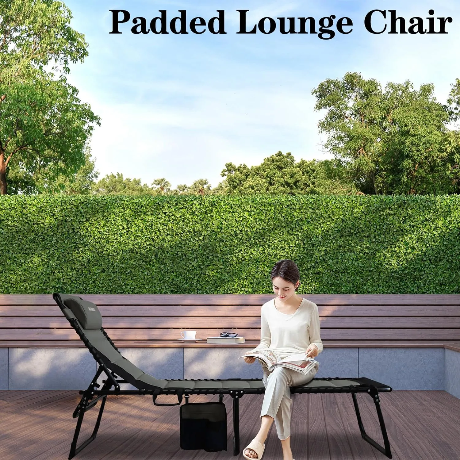 Outdoor Folding Lounge Chair Padded for Adults 330Ibs Patio Chaise Lounge Chair for Outside 5-Position Adjustable Reclining Beach Chair with Pillow Pocket