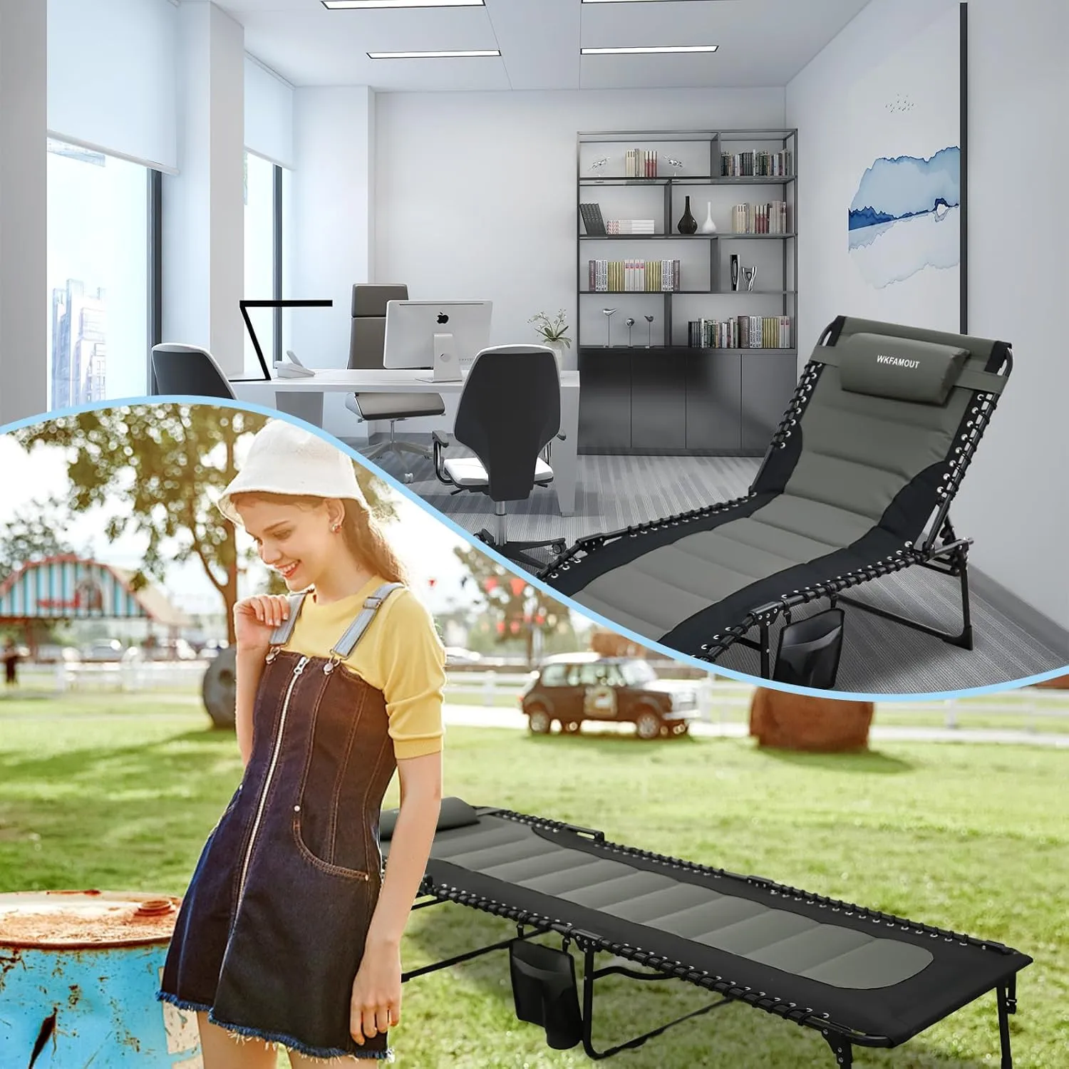 Outdoor Folding Lounge Chair Padded for Adults 330Ibs Patio Chaise Lounge Chair for Outside 5-Position Adjustable Reclining Beach Chair with Pillow Pocket