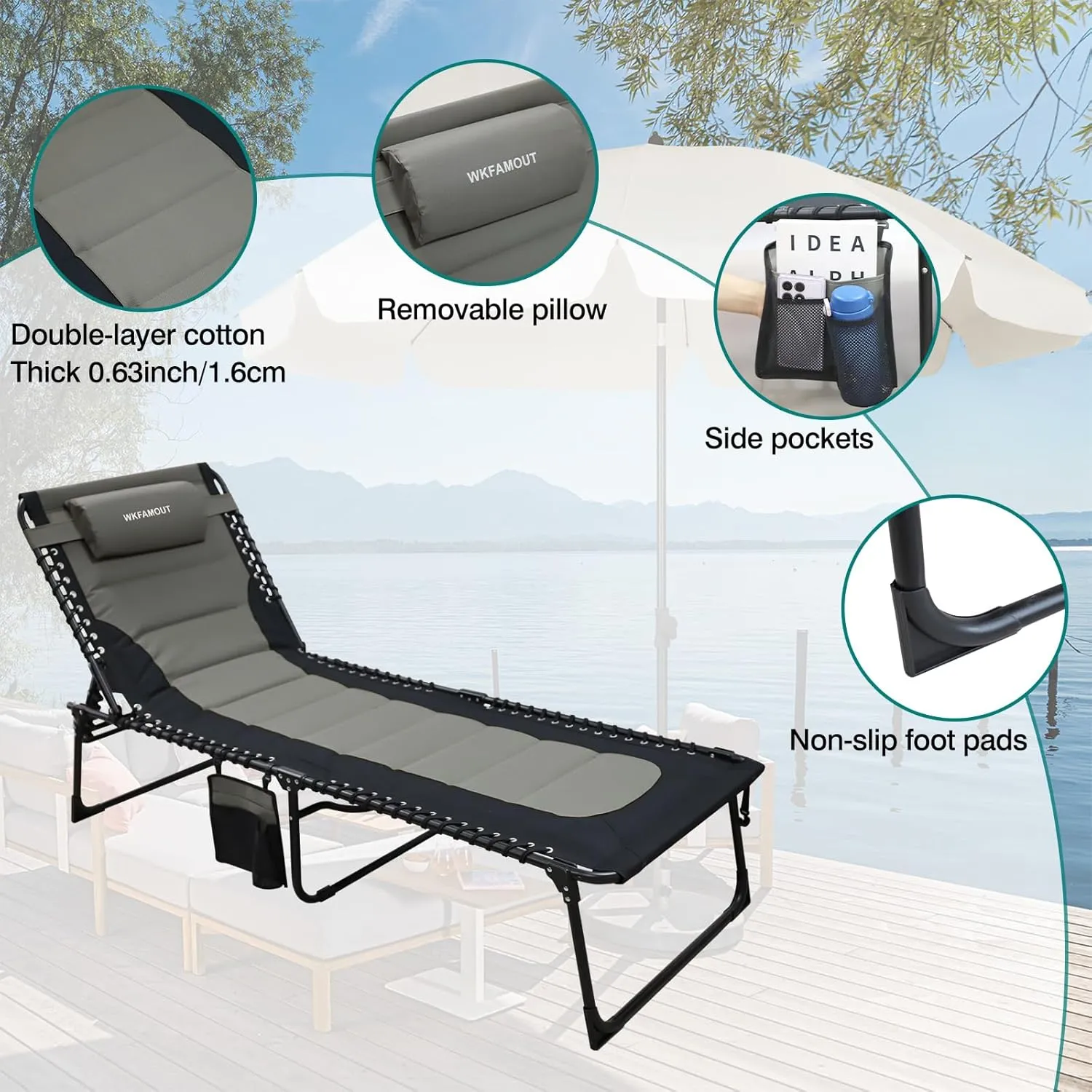 Outdoor Folding Lounge Chair Padded for Adults 330Ibs Patio Chaise Lounge Chair for Outside 5-Position Adjustable Reclining Beach Chair with Pillow Pocket