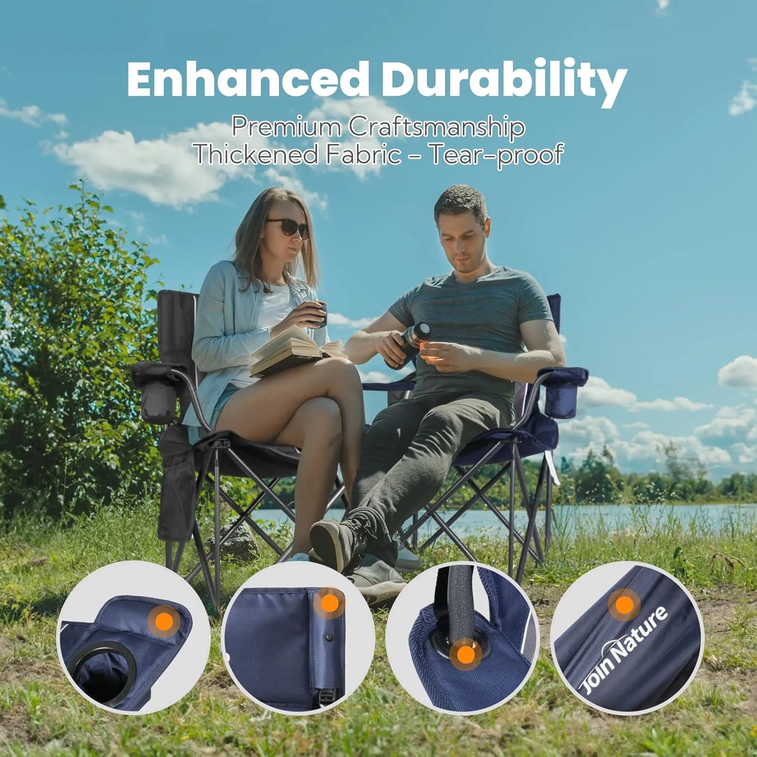 Outdoor Large Camping Chairs for Adults, Heavy Duty Camp Chair Support 800lbs, King Kong Folding Chairs with Padded and Pocket for Outside, Sports, Lawn, Built Durable and Reliable, Blue