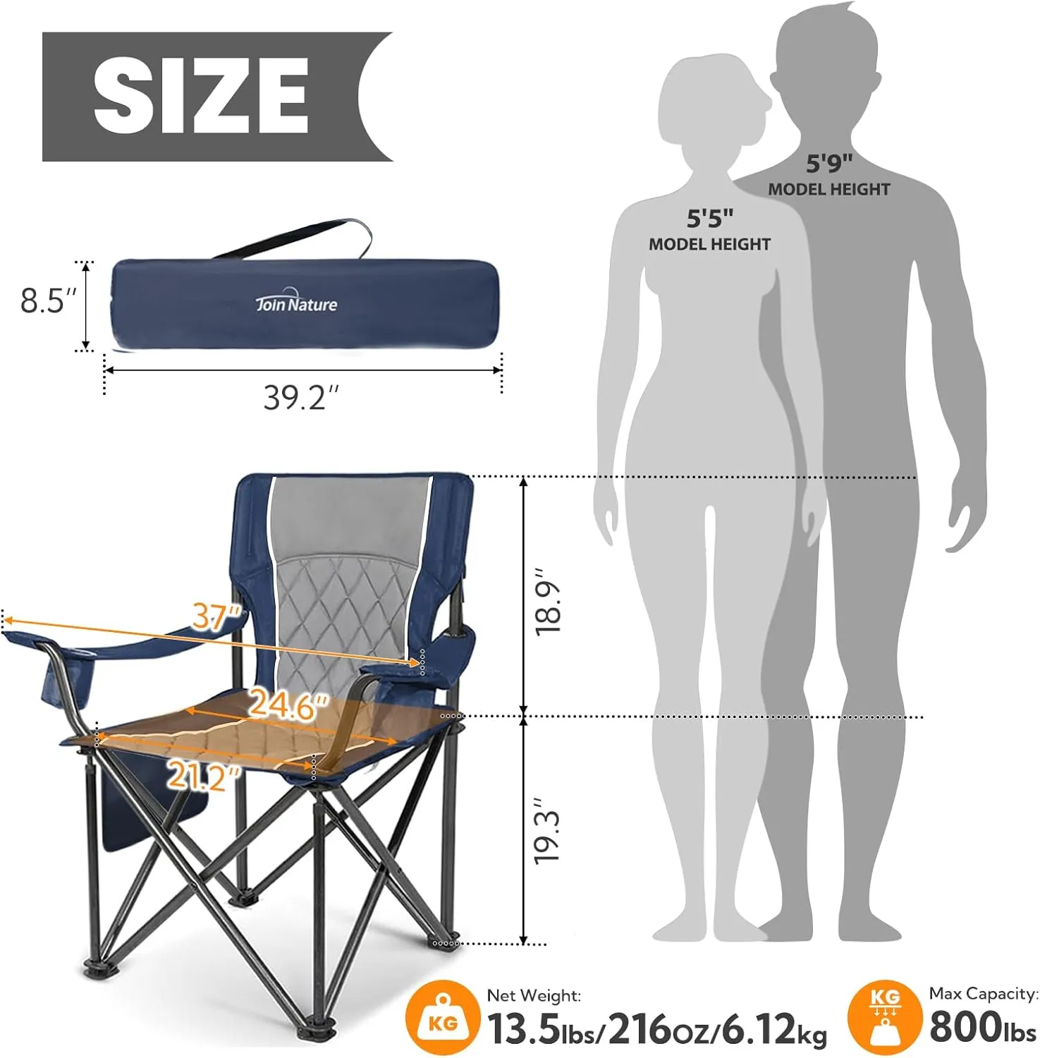 Outdoor Large Camping Chairs for Adults, Heavy Duty Camp Chair Support 800lbs, King Kong Folding Chairs with Padded and Pocket for Outside, Sports, Lawn, Built Durable and Reliable, Blue