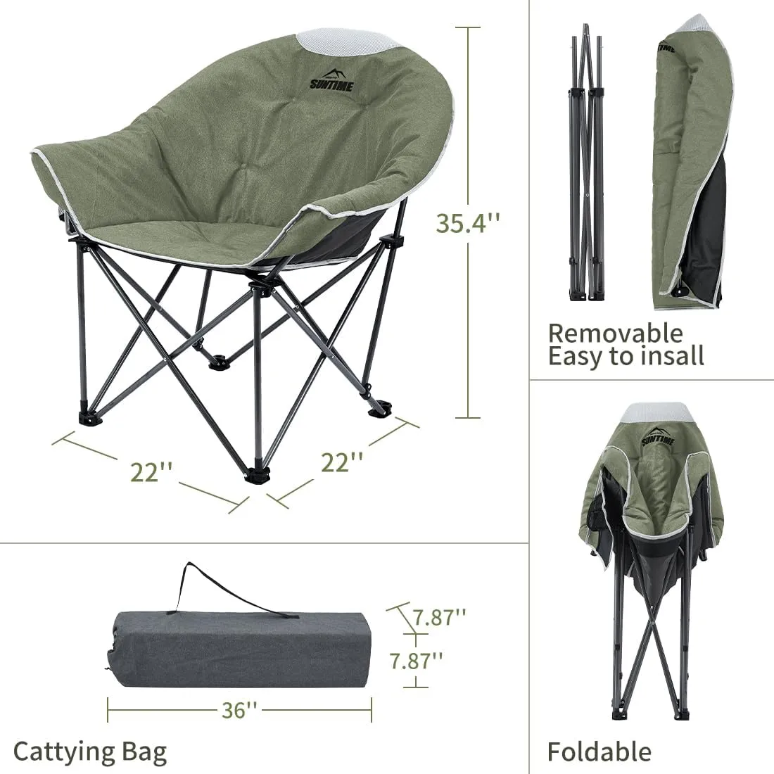 OUTDOOR LIVING SUNTIME Oversized Padded Camping Chair,Portable Comfy Outdoor Folding Moon Round Saucer Chairs for Adults with Holder and Carry Bag, Perfect for Hiking Lawn Patio Sports（Green 2 Pack）