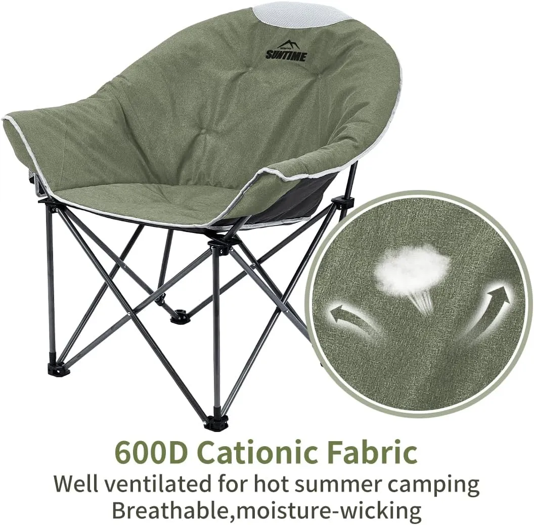 OUTDOOR LIVING SUNTIME Oversized Padded Camping Chair,Portable Comfy Outdoor Folding Moon Round Saucer Chairs for Adults with Holder and Carry Bag, Perfect for Hiking Lawn Patio Sports（Green 2 Pack）