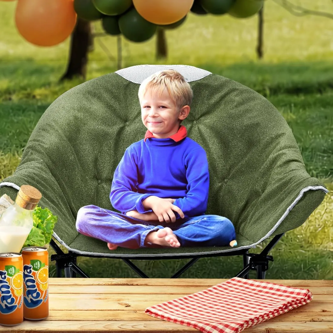 OUTDOOR LIVING SUNTIME Oversized Padded Camping Chair,Portable Comfy Outdoor Folding Moon Round Saucer Chairs for Adults with Holder and Carry Bag, Perfect for Hiking Lawn Patio Sports（Green 2 Pack）