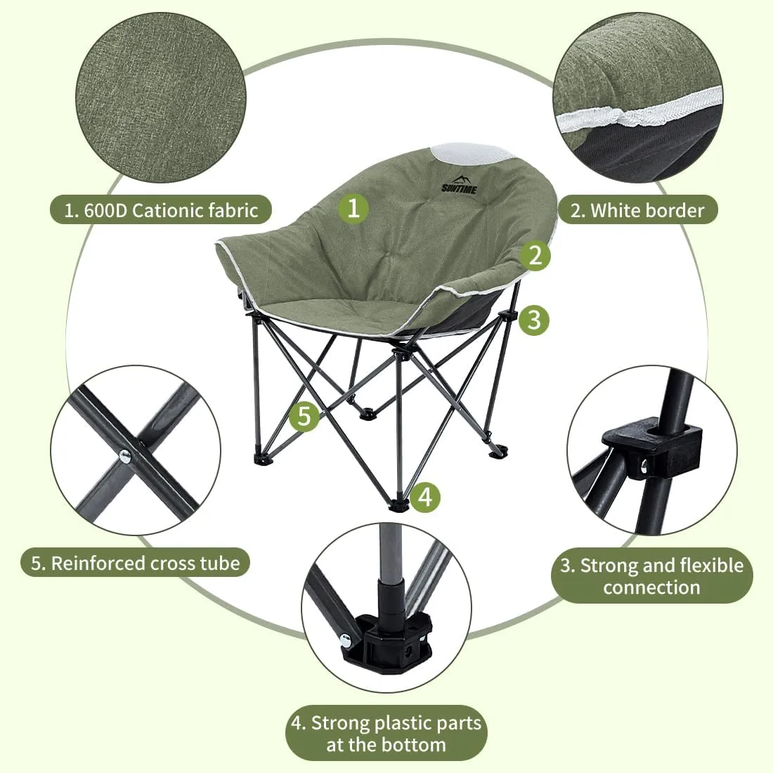 OUTDOOR LIVING SUNTIME Oversized Padded Camping Chair,Portable Comfy Outdoor Folding Moon Round Saucer Chairs for Adults with Holder and Carry Bag, Perfect for Hiking Lawn Patio Sports（Green 2 Pack）