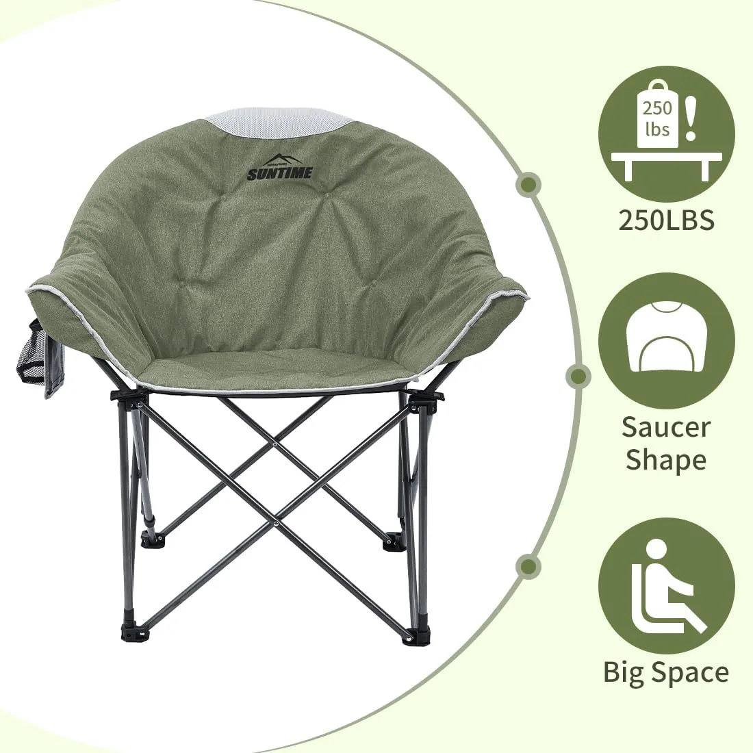 OUTDOOR LIVING SUNTIME Oversized Padded Camping Chair,Portable Comfy Outdoor Folding Moon Round Saucer Chairs for Adults with Holder and Carry Bag, Perfect for Hiking Lawn Patio Sports（Green 2 Pack）