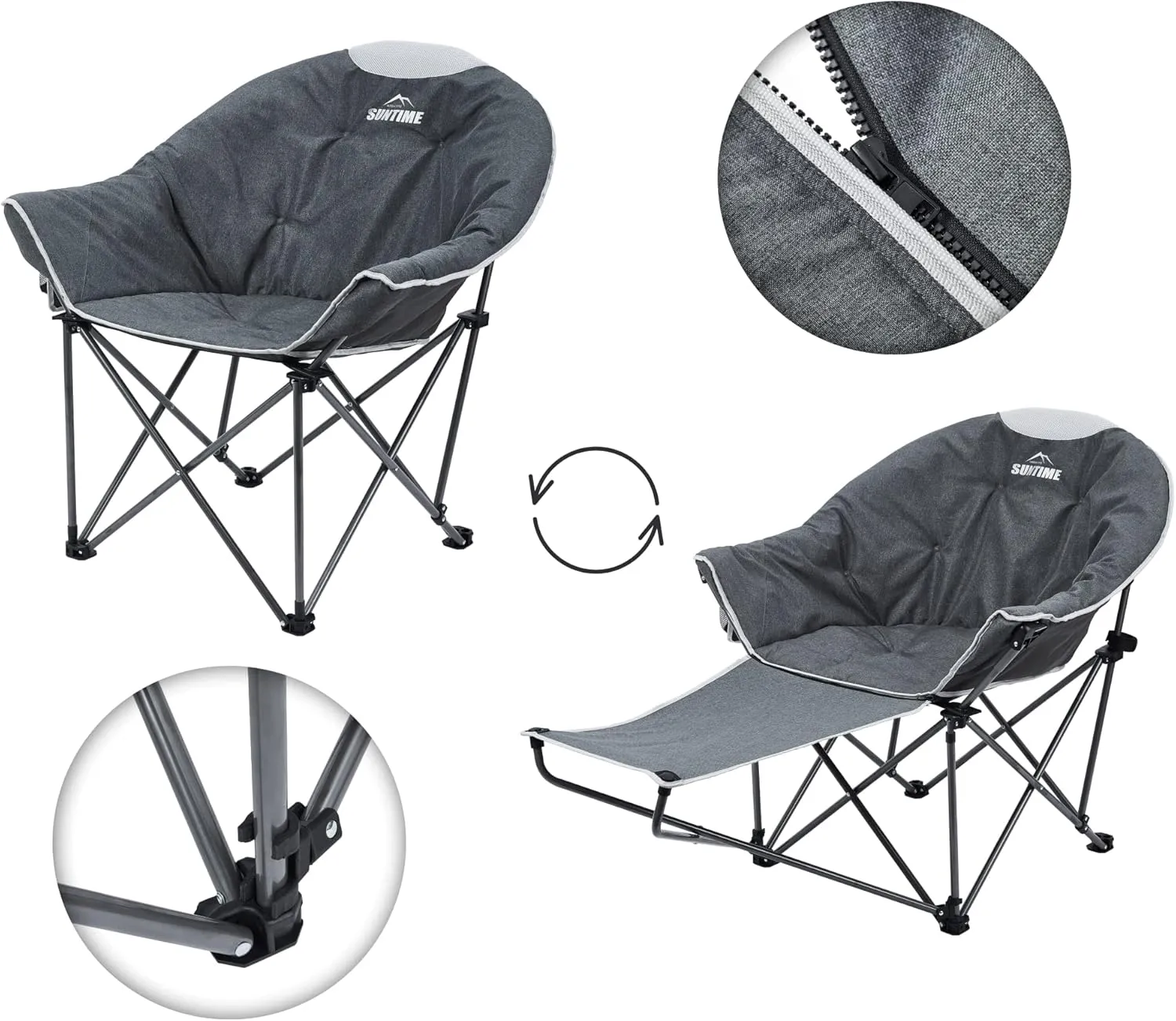 OUTDOOR LIVING SUNTIME Oversized Padded Moon Round Saucer Sofa Chair, Portable Folding Camping Chair, with Removable Footrest, Carry Bag - Gray