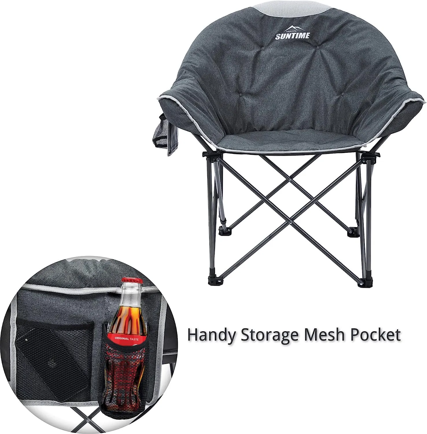 OUTDOOR LIVING SUNTIME Oversized Padded Moon Round Saucer Sofa Chair, Portable Folding Camping Chair, with Removable Footrest, Carry Bag - Gray