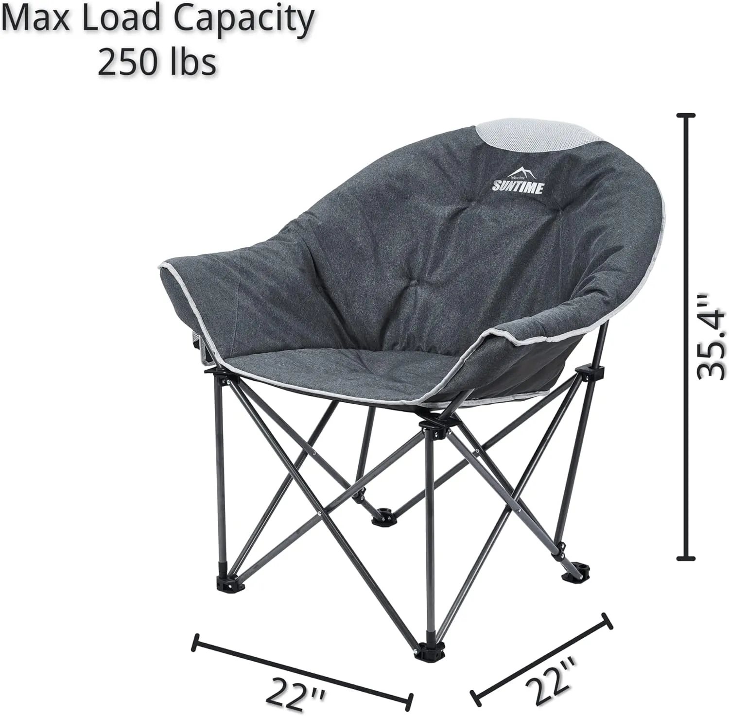 OUTDOOR LIVING SUNTIME Oversized Padded Moon Round Saucer Sofa Chair, Portable Folding Camping Chair, with Removable Footrest, Carry Bag - Gray