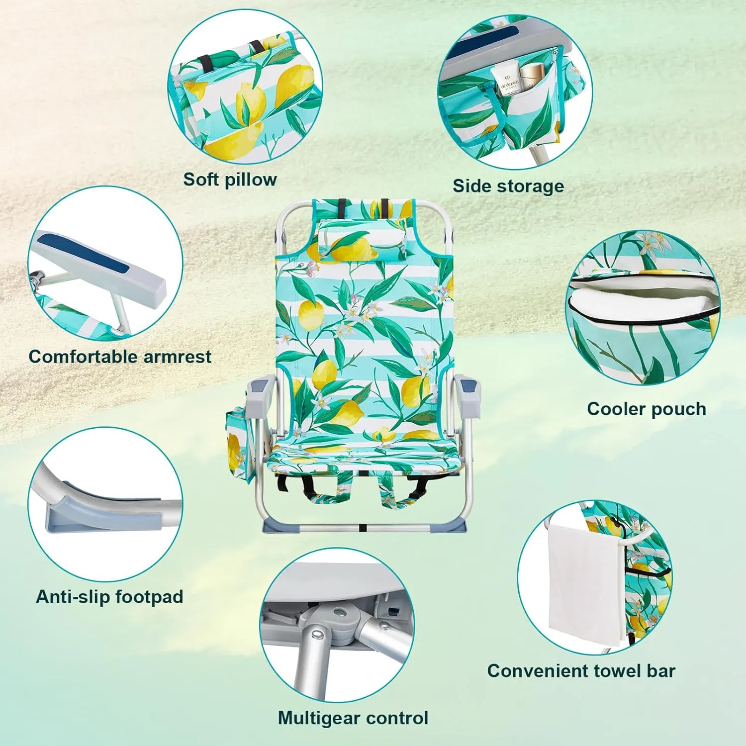 Outdoor Low Beach Lawn Chair,Portable Lightweight Folding Chair for Adults,Portable Backpack Foldable Camping Chair,with Cup Holder,for Patio Pool Yard Garden (Lemon)