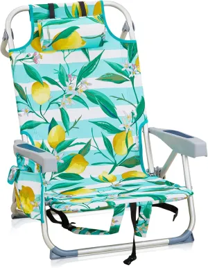 Outdoor Low Beach Lawn Chair,Portable Lightweight Folding Chair for Adults,Portable Backpack Foldable Camping Chair,with Cup Holder,for Patio Pool Yard Garden (Lemon)