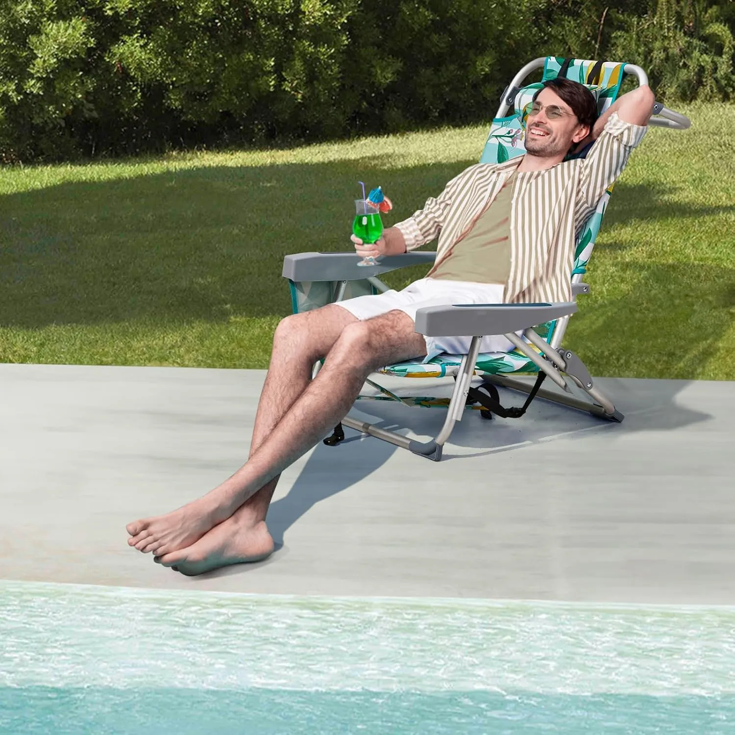 Outdoor Low Beach Lawn Chair,Portable Lightweight Folding Chair for Adults,Portable Backpack Foldable Camping Chair,with Cup Holder,for Patio Pool Yard Garden (Lemon)