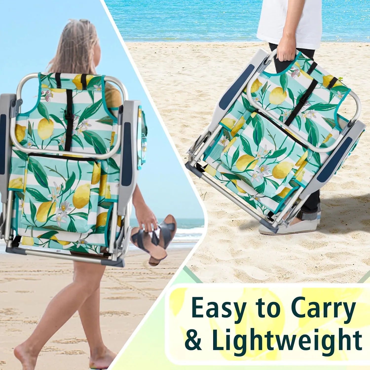 Outdoor Low Beach Lawn Chair,Portable Lightweight Folding Chair for Adults,Portable Backpack Foldable Camping Chair,with Cup Holder,for Patio Pool Yard Garden (Lemon)