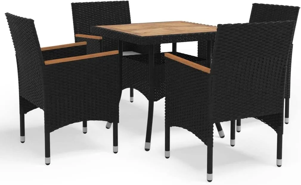 Outdoor Patio Furniture,5 Piece Patio Dining Set Black Poly Rattan and Acacia WoodDesigned for Camping, Resting, Outdoors.