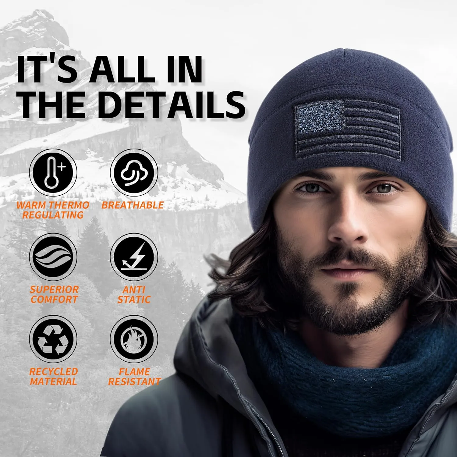 OUTDOOR SHAPING American Flag Fleece Watch Cap, USA Multi-Season Army Military Tactical Beanie, Winter Warm Beanie