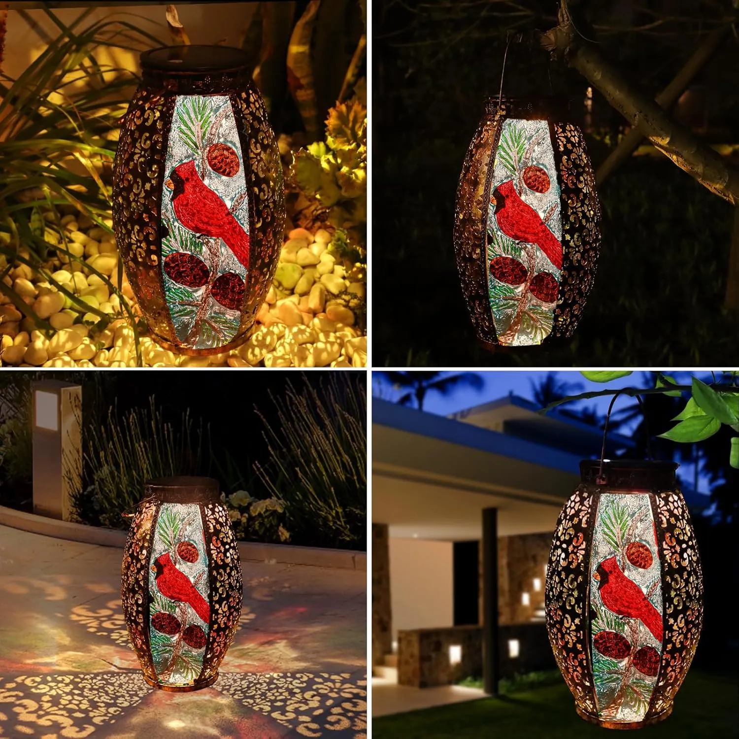 Outdoor Solar Lantern-Waterproof Cardinal Hanging Metal Decorative Lights for Patio Table Garden Pathway Yard with Super Bright Warm White LED, Large Solar Panels, Auto On/Off Sensor