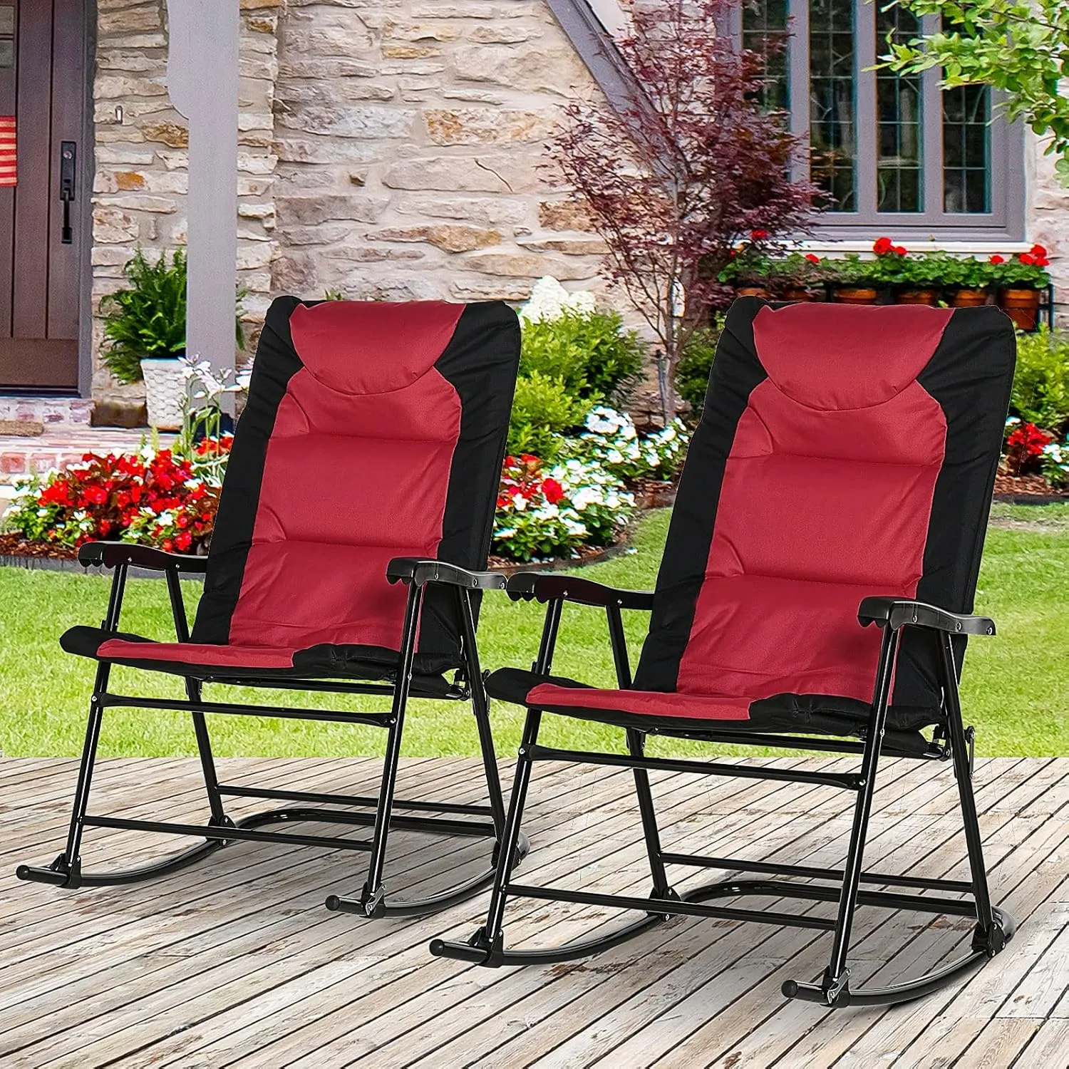 Outsunny 2 Piece Outdoor Patio Furniture Set with 2 Folding Padded Rocking Chairs, Bistro Style for Porch, Camping, Balcony, Red